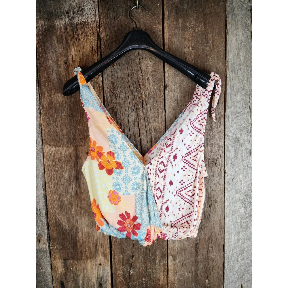 Free People Mixed Print Wrap Crop Top Boho Floral Tie Shoulder Small